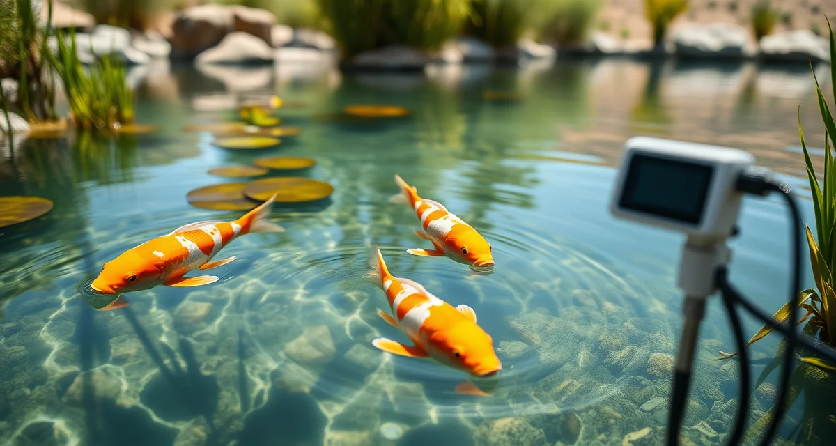 Arizona Koi Pond Regulations and Water Quality Standards Clear Arizona koi pond with healthy fish and water quality monitoring equipment demonstrating AZGFD regulatory compliance standards