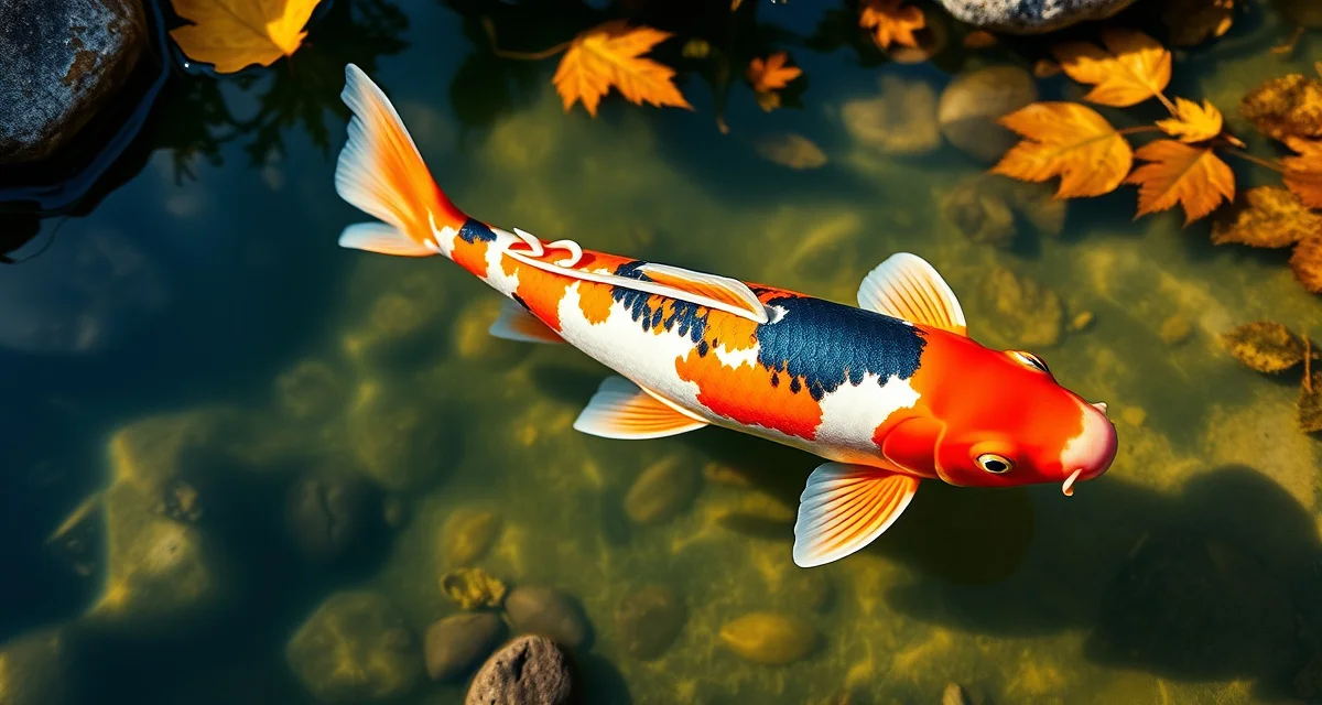 Autumn koi quarantine protocol water quality assessment Healthy koi fish in clear autumn pond water during quarantine and pre-winter health assessment period