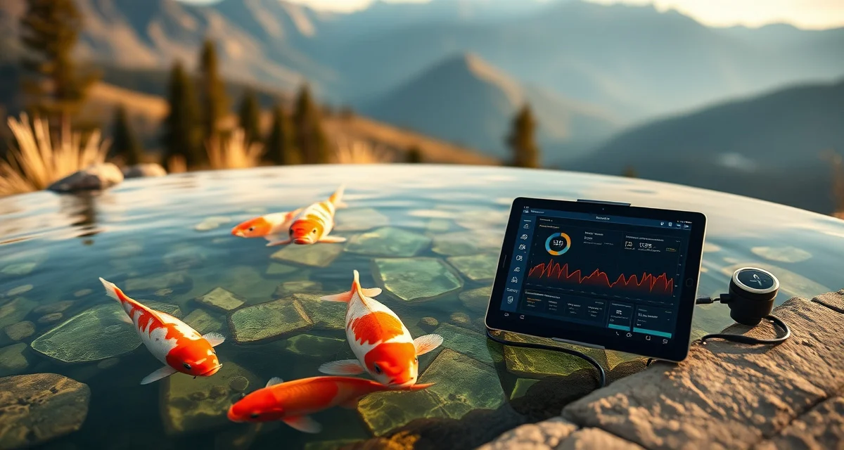 Colorado altitude koi pond water quality management High-altitude Colorado koi pond with dissolved oxygen monitoring system and water quality analytics equipment at 5000 feet elevation.