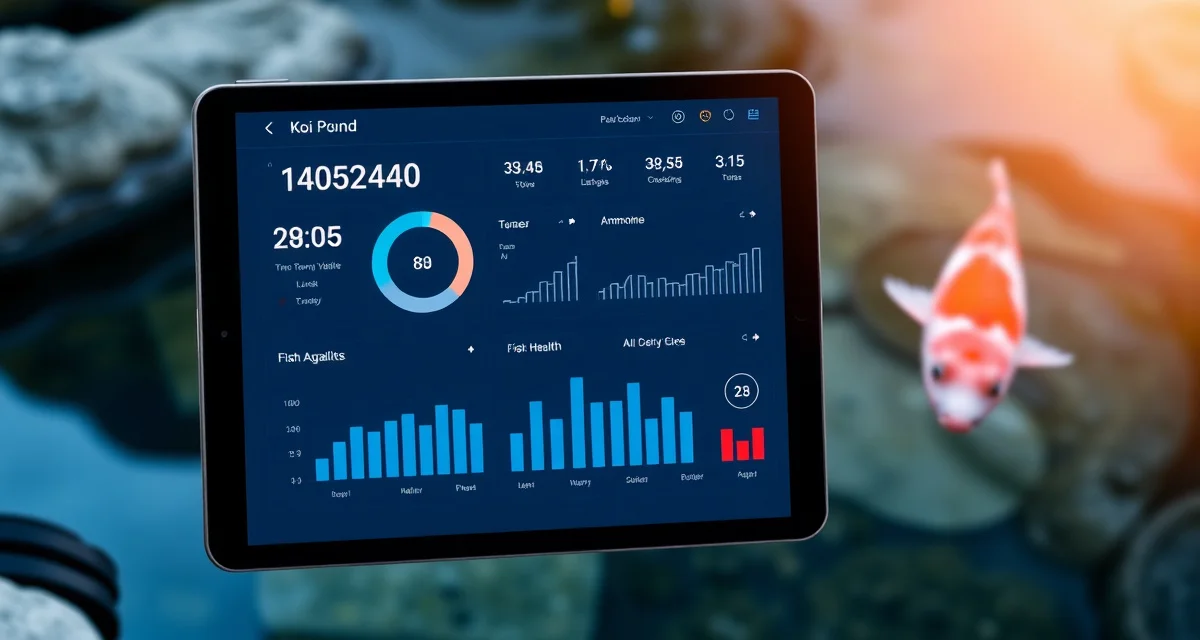 KoiQuanta digital pond monitoring system Digital koi health tracking dashboard displaying real-time water quality analytics and fish health monitoring on tablet interface