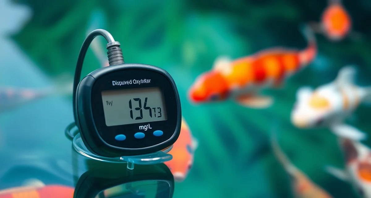 DO monitoring device for koi pond water quality Digital dissolved oxygen meter measuring DO levels in koi pond water to prevent summer oxygen crashes and fish mortality