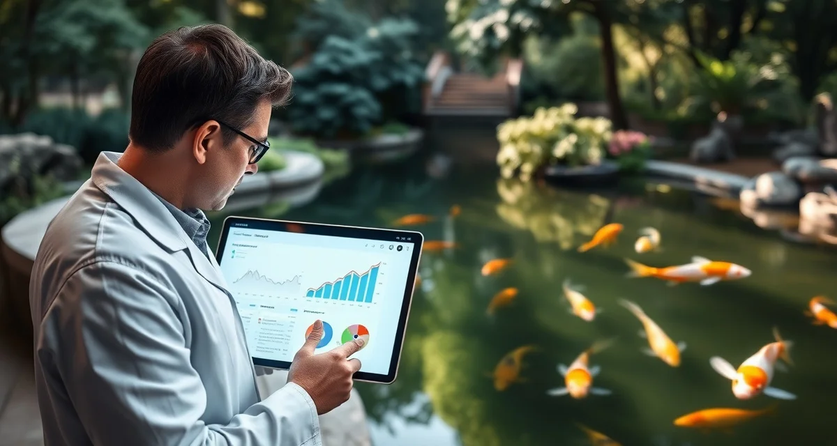Advanced koi pond analytics for experienced hobbyists Experienced koi hobbyist reviewing digital water quality analytics on tablet beside healthy koi pond with advanced monitoring system