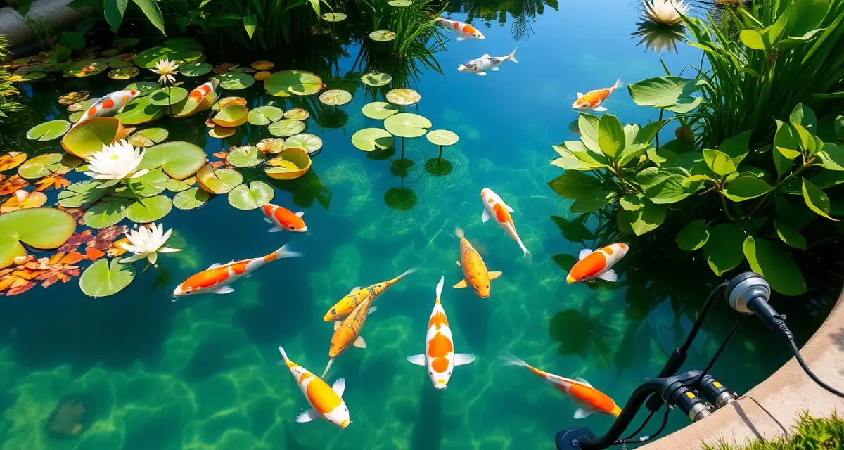 Tropical koi pond maintenance in warm Florida climate Clear Florida koi pond with healthy fish and aquatic plants demonstrating proper year-round water quality management and parasite control techniques.