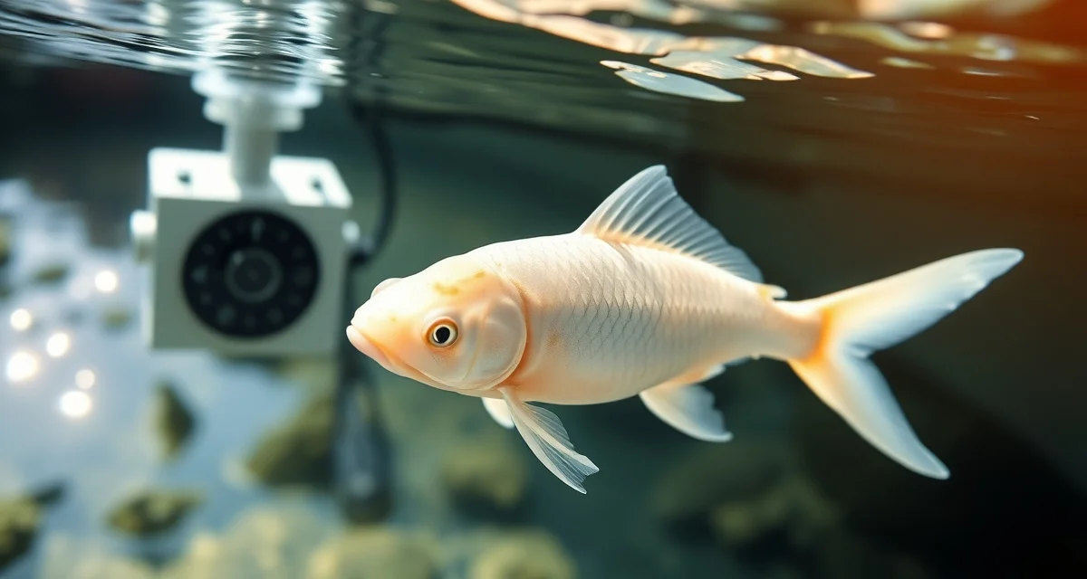 Professional ghost koi care tracking and water quality assessment Ghost koi fish displaying hybrid characteristics during health monitoring in high-quality pond water environment