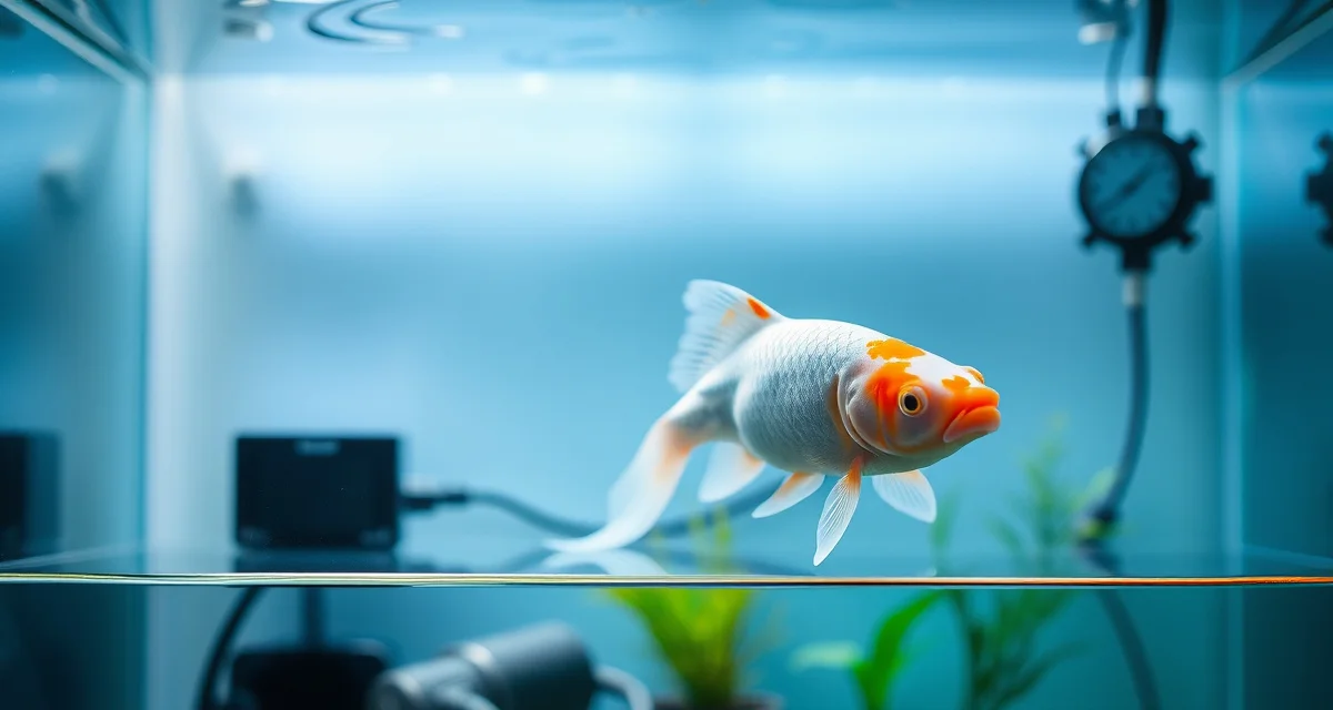 Advanced koi management software monitoring ghost koi health Ghost koi fish in clear pond water with digital health monitoring interface overlay tracking water quality analytics