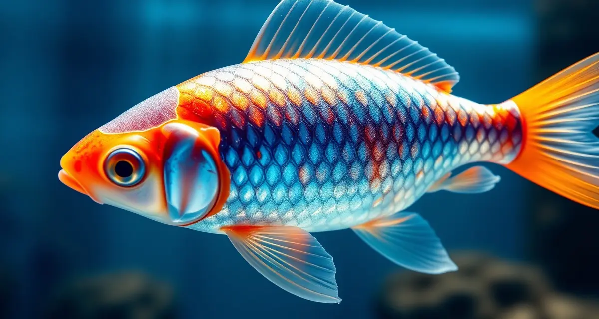 Diamond-scaled Ginrin koi displaying reflective sparkle in water Ginrin koi with shimmering diamond-pattern reflective scales catching light in clear blue pond water, showcasing the distinctive sparkle of this specialty koi variety.