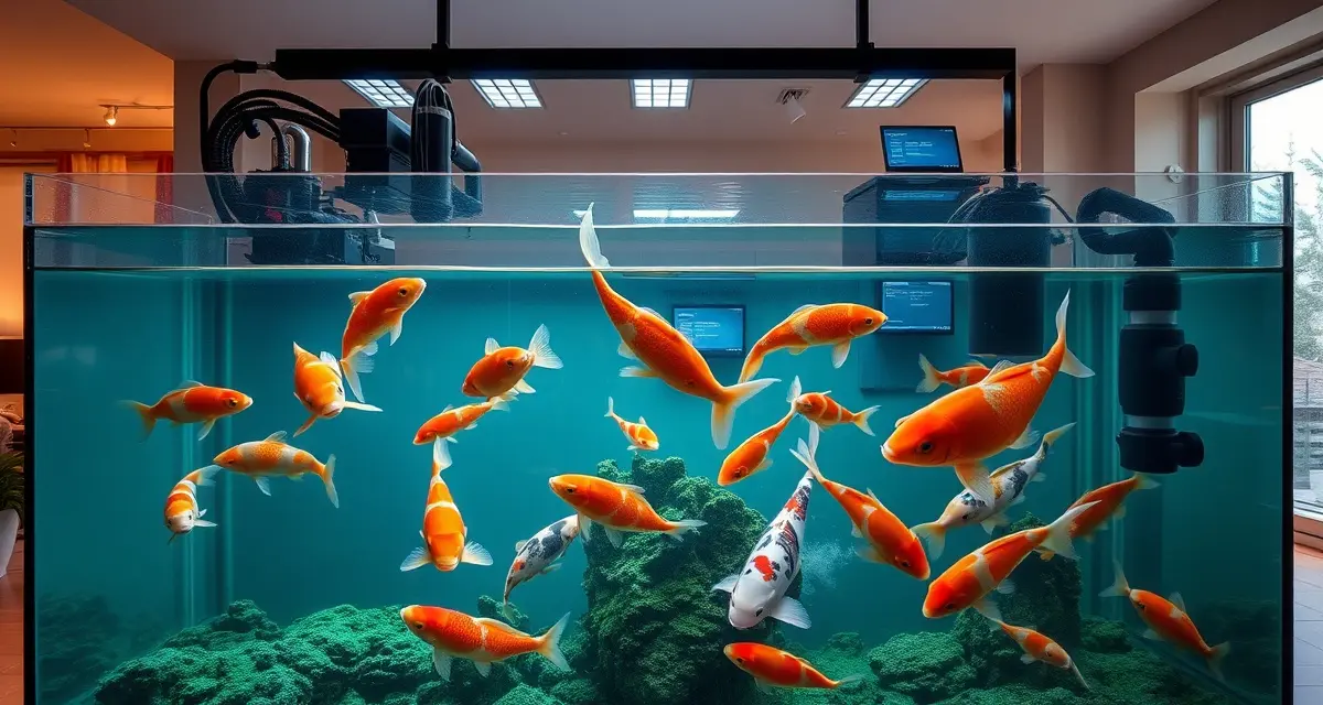 Advanced indoor koi management solution for Alaskan climate Indoor koi pond system with filtration equipment and monitoring technology designed for year-round Alaska koi keeping.