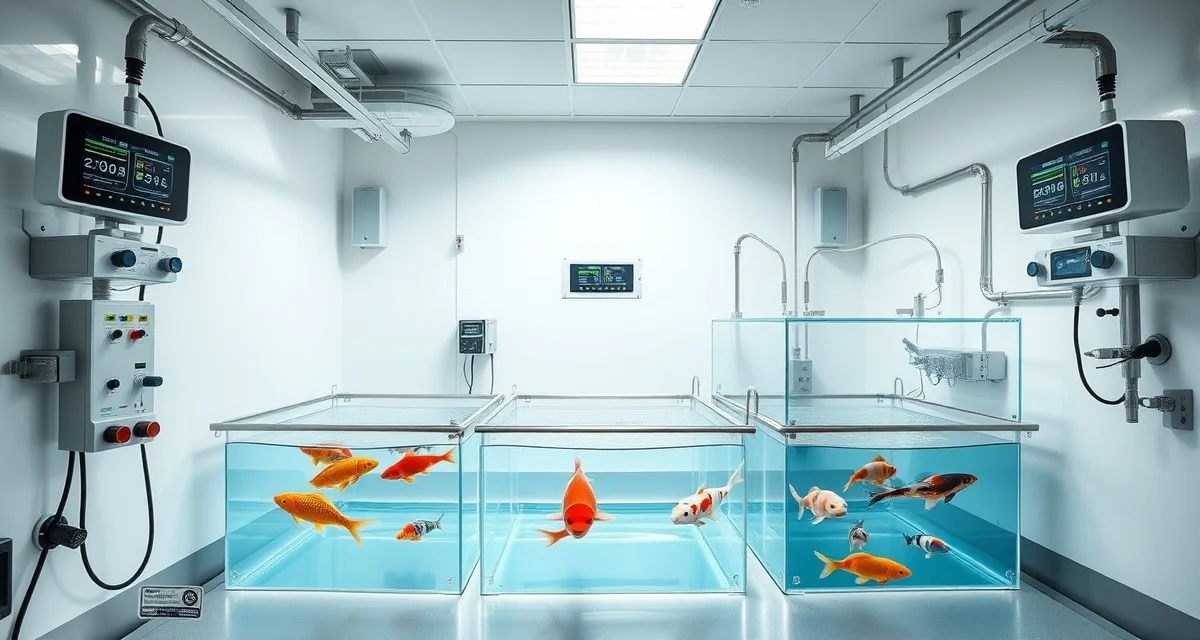 Koi import quarantine system setup Professional koi quarantine facility with water quality monitoring equipment and isolated fish tanks for USDA-compliant import protocols