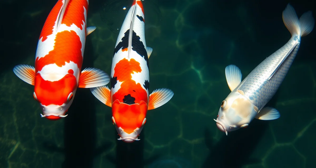 High-quality Japanese koi varieties for pond buyers Three premium Japanese koi varieties including Kohaku, Sanke, and Gin-Rin koi swimming in clear pond water showing distinct color patterns and scale quality.