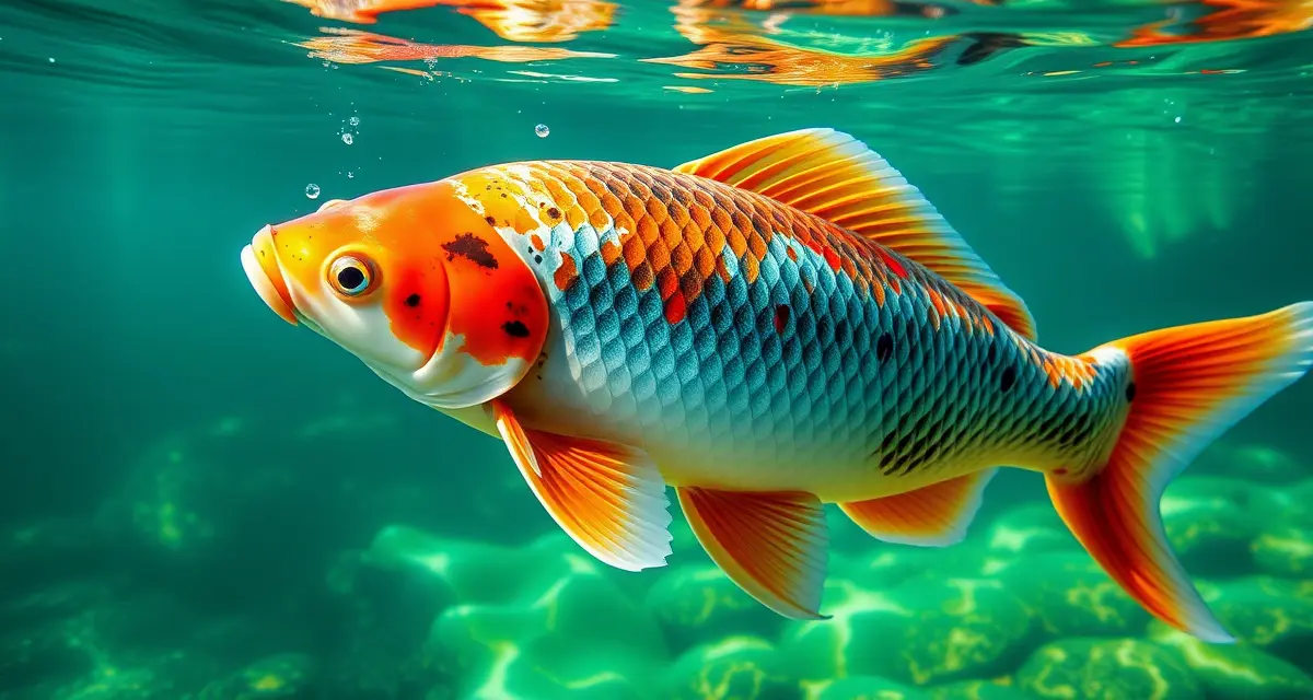 Premium jumbo koi pond health analytics Large jumbo koi fish over 24 inches swimming in clear pond water for professional health tracking and management