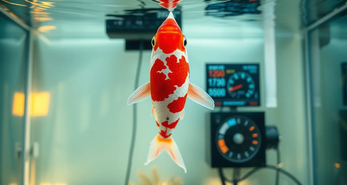 Variety-specific koi management software for Kohaku owners Kohaku koi fish in monitored aquarium with water quality analytics dashboard for variety-specific health tracking