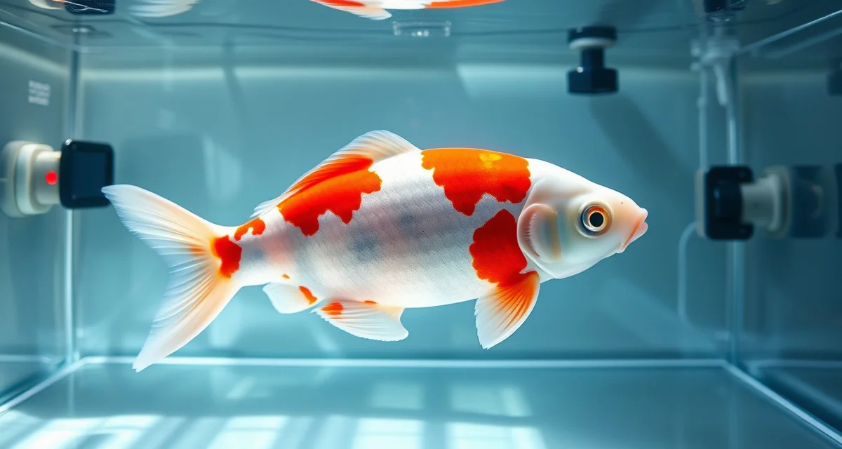 Professional kohaku quarantine system for disease prevention Kohaku koi fish in quarantine tank with water quality monitoring equipment for bacterial ulcer prevention and health inspection