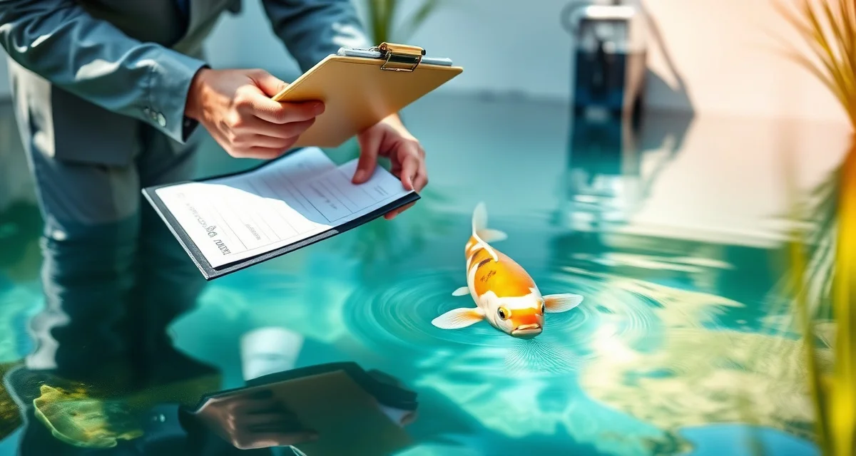 Professional koi health inspection on arrival Koi fish arrival observation assessment showing systematic health inspection checklist for new fish in pond.