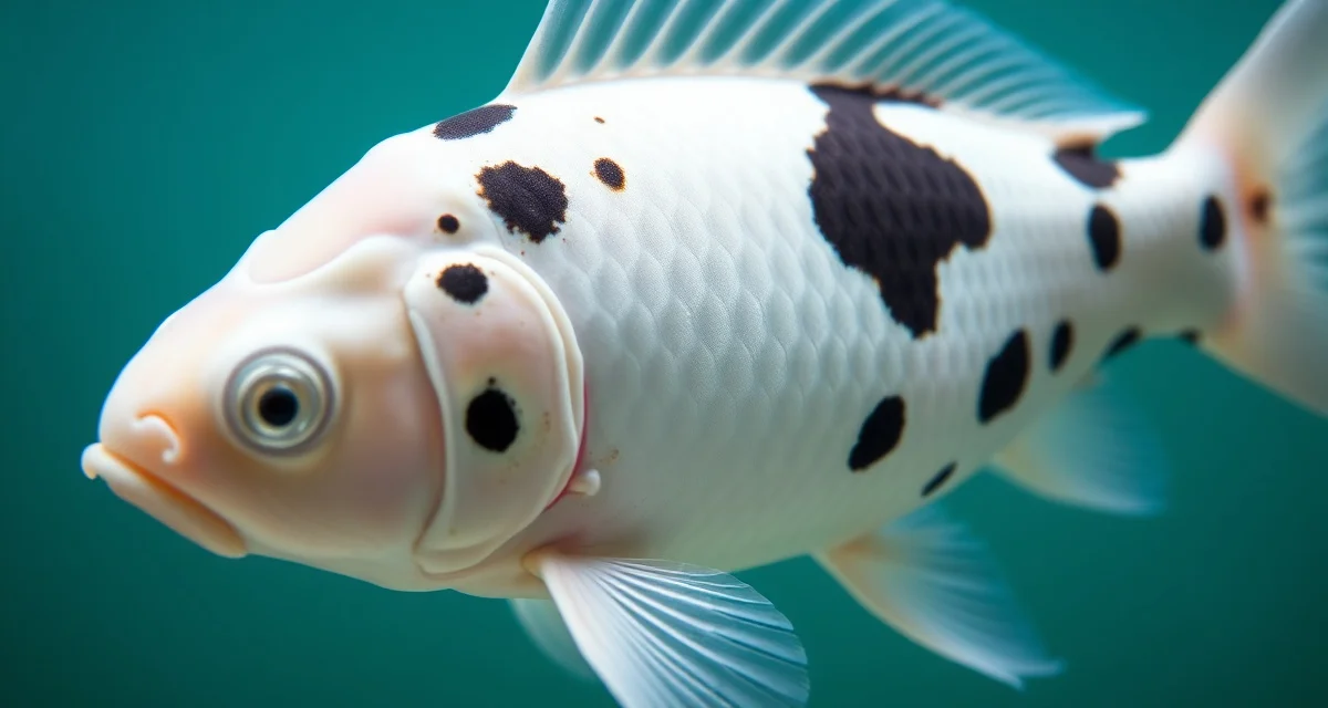 Koi melanophore migration healing ulcers White koi fish displaying black spots from melanophore migration after healed ulcers, common in koi pond health recovery.