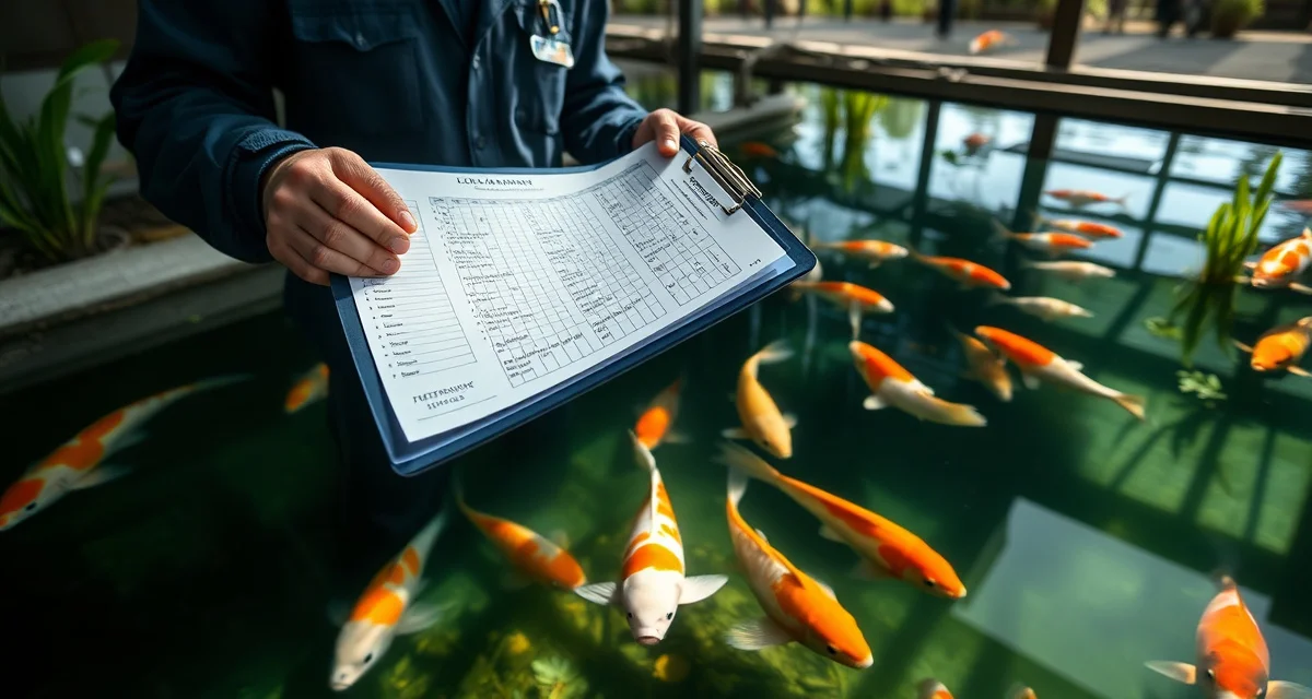 Professional koi breeding documentation system Koi breeder reviewing detailed breeding records and offspring quality data from parent pair spawning sessions