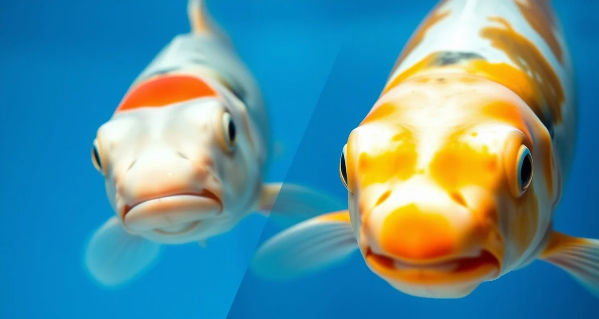 Koi cloudy eye diagnosis and water quality assessment Koi fish showing cloudy eye condition caused by poor water quality, demonstrating bilateral eye cloudiness in freshwater pond.