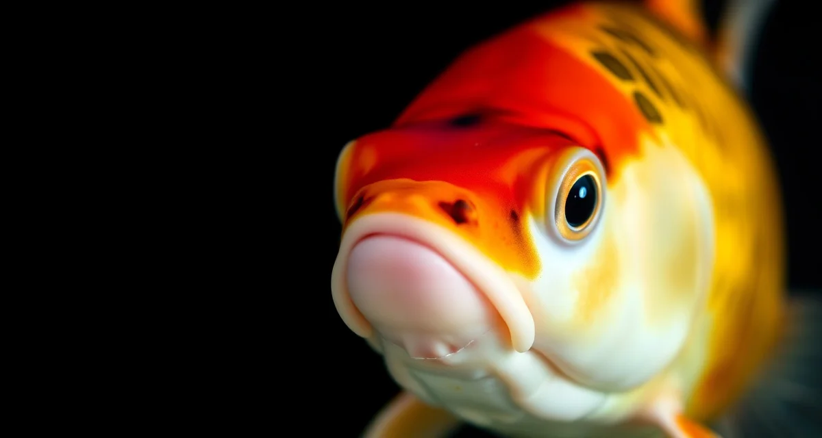 Koi cloudy eye condition diagnosis Close-up of koi fish displaying cloudy eyes, a sign of water quality issues or systemic disease requiring treatment.