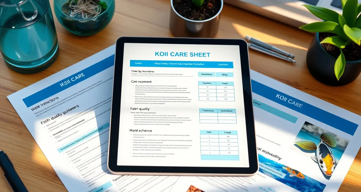 Standardized koi care sheet best practices for dealers Professional koi dealer customer care sheet template with organized sections for fish health, water quality, and care instructions.