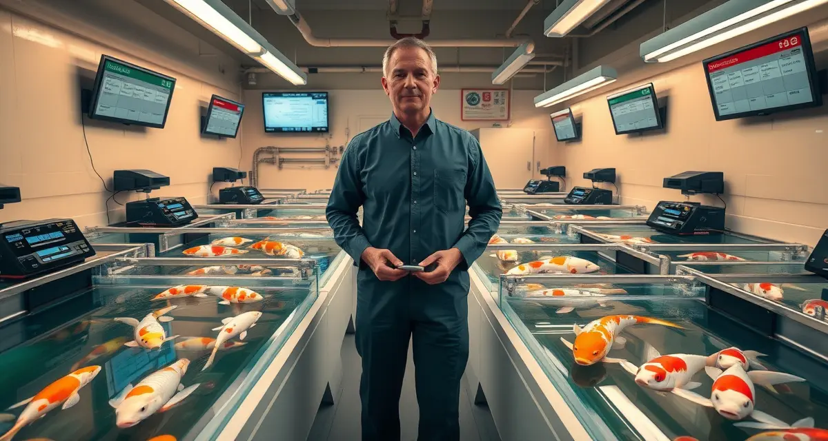 Fish lot management workflow for professional koi dealers Professional koi dealer managing multiple fish lots in quarantine tanks with organized treatment schedules and water quality monitoring