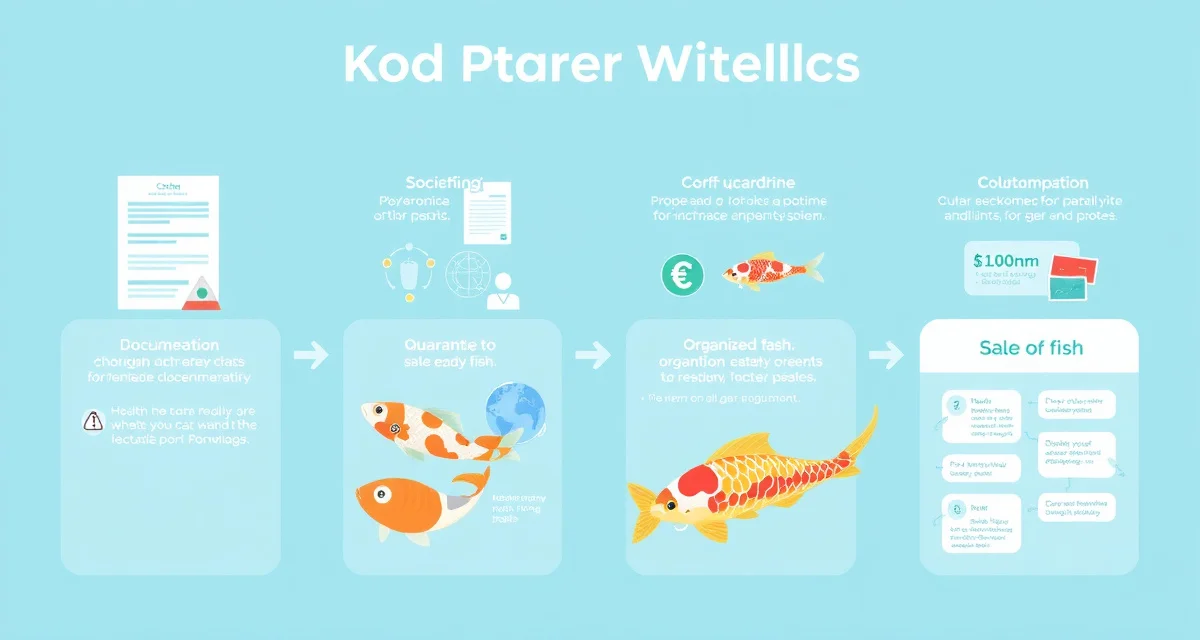Automated koi import process management system Koi dealer import workflow diagram showing four phases of compliance and health management tasks for imported koi fish over 30-45 days.
