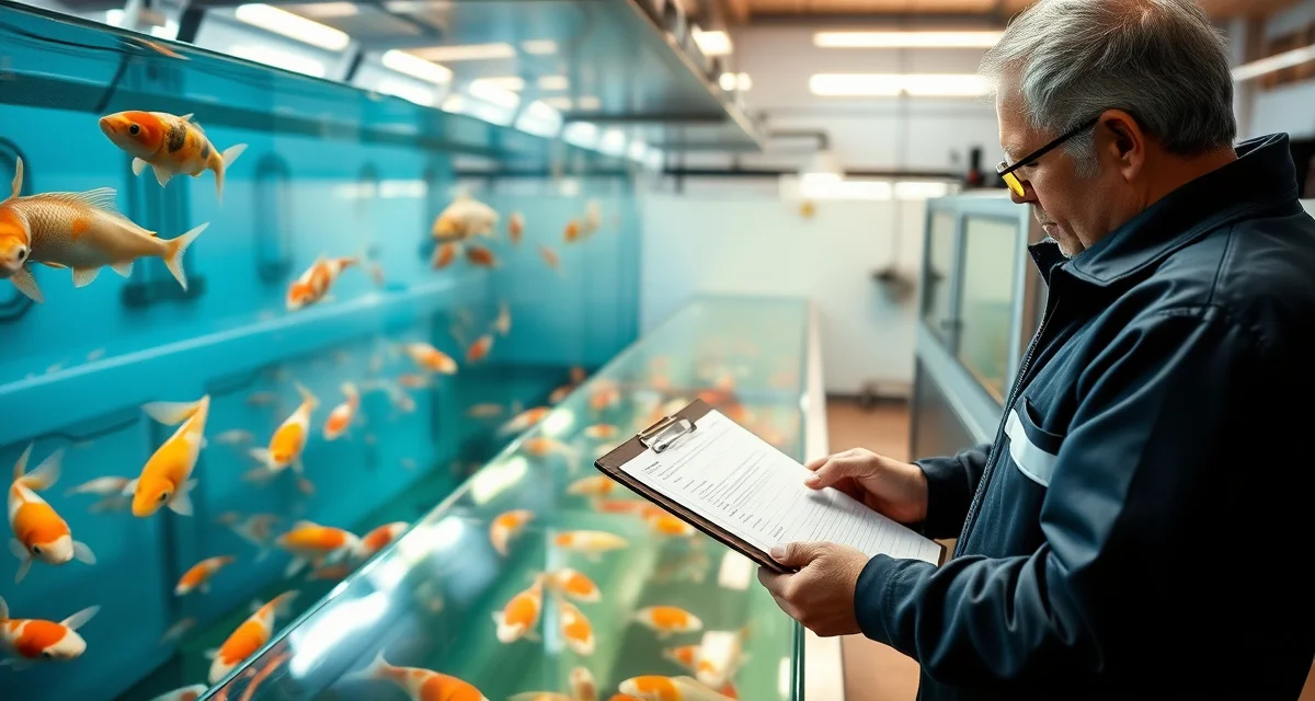 Koi quarantine protocol documentation best practices Professional koi dealer documenting quarantine standards and fish health records in a dedicated quarantine facility tank