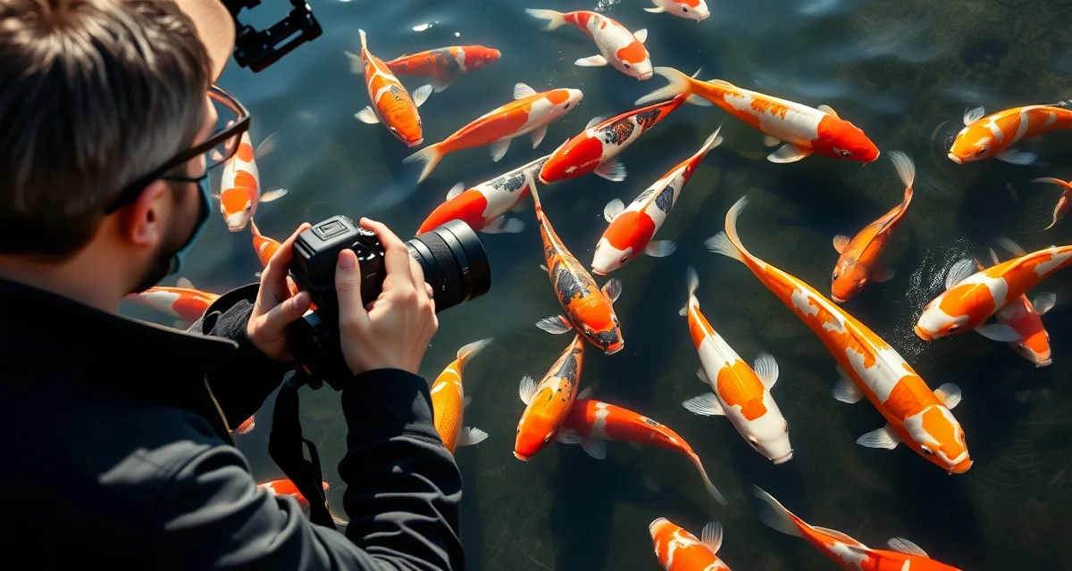 Koi dealer social media content creation Professional koi dealer photographing koi fish in pond water for social media marketing and audience building