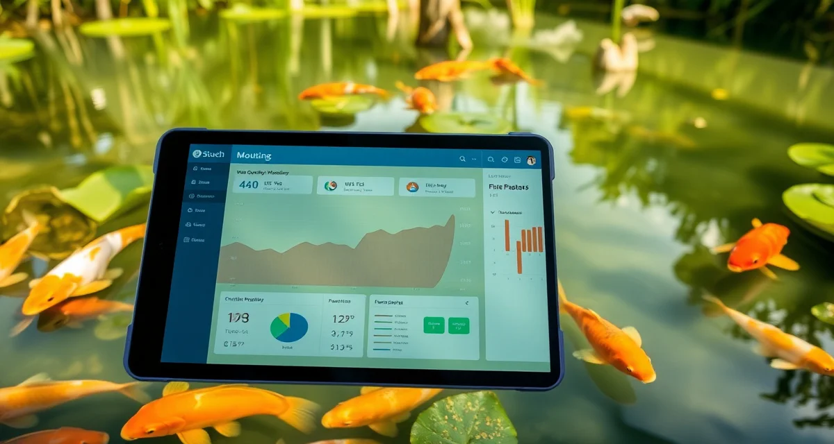 Louisiana koi pond management software dashboard Koi dealer software interface displaying water quality analytics and disease management metrics for Louisiana subtropical pond conditions.