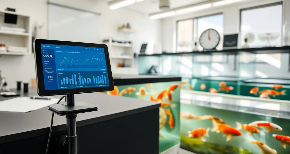NC Koi Pond Water Quality Management System Koi dealer software interface displaying water quality analytics and fish health monitoring for North Carolina pond management compliance.