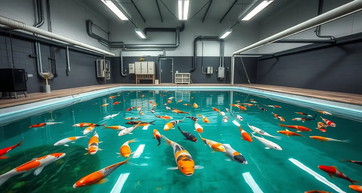 Professional koi dealer indoor winter operations setup Indoor koi pond facility with water quality monitoring equipment for North Dakota cold-climate fish management
