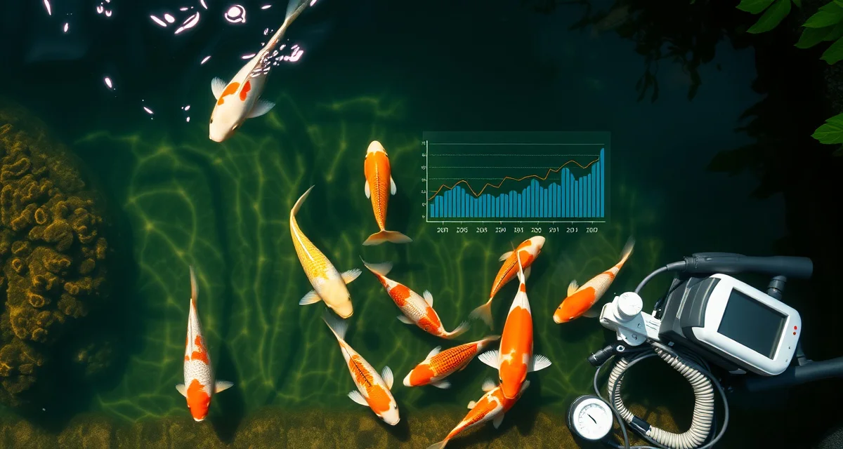 Digital water quality management for professional koi dealers Koi dealer managing pond water quality analytics with digital dashboard for fish health monitoring and quarantine records