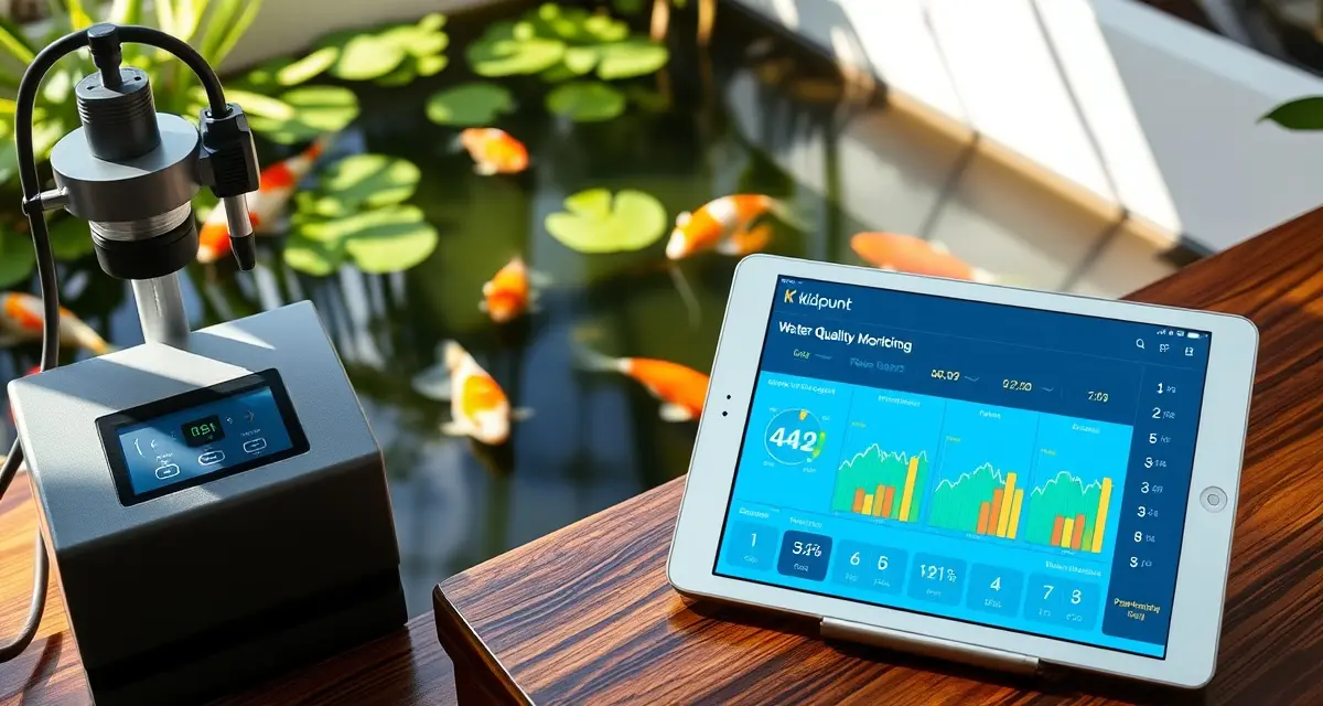 Professional koi pond analytics for dealer websites Koi dealer digital presence strategy showing water quality analytics dashboard for premium fish sales and buyer confidence