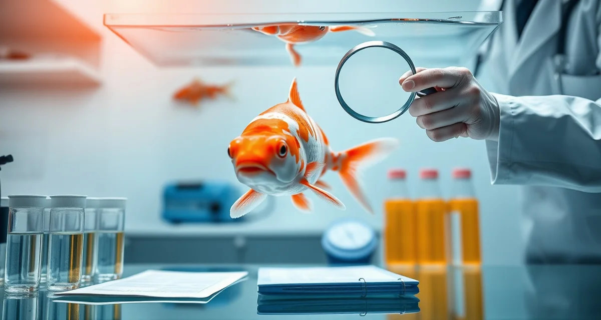 Professional koi disease diagnosis and veterinary second opinion consultation Koi fish health examination with veterinarian using diagnostic tools and water quality testing equipment for disease diagnosis verification.