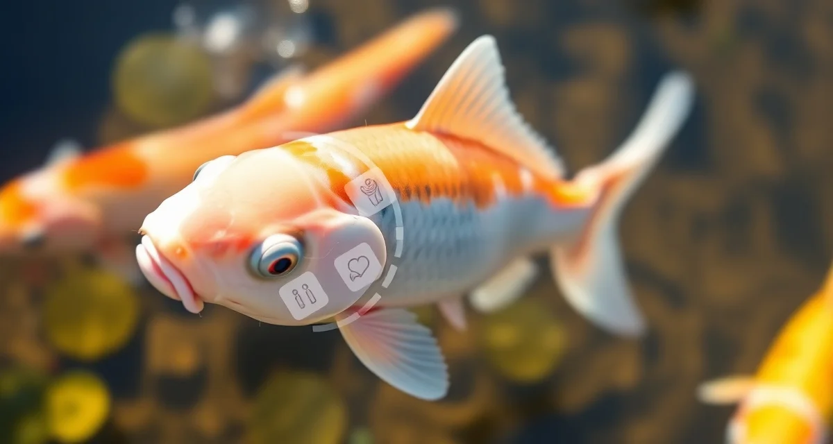 Koi health diagnostic reference image Close-up of koi fish showing healthy scales and fins for disease identification and health assessment in pond management.