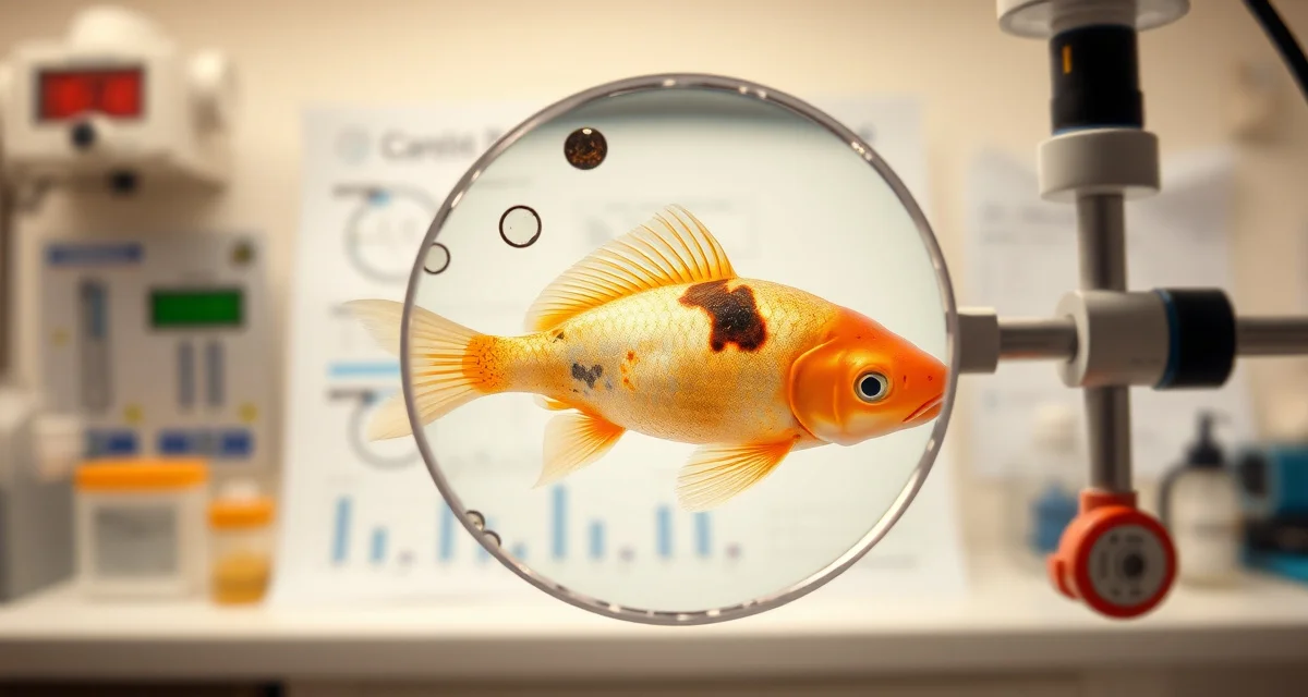 Koi disease diagnostic analysis and misdiagnosis prevention Microscopic examination of koi fish disease symptoms with water quality testing equipment for accurate disease diagnosis and treatment