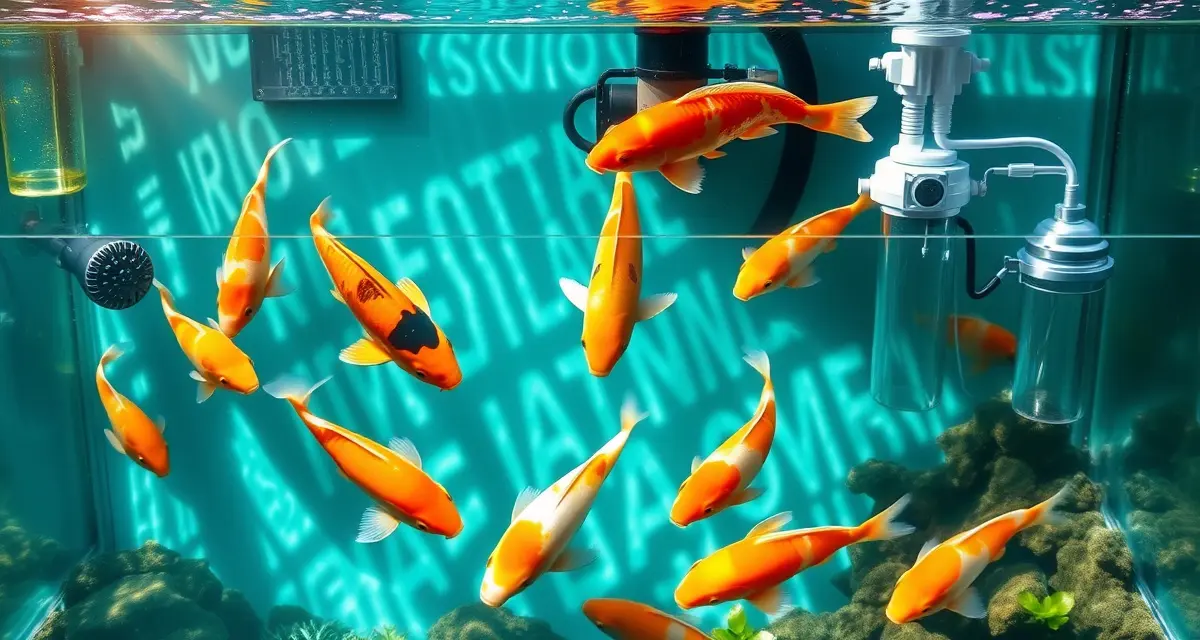 Professional koi pond water quality management system Healthy koi fish in clear pond water with professional water quality testing equipment and filtration system for disease prevention