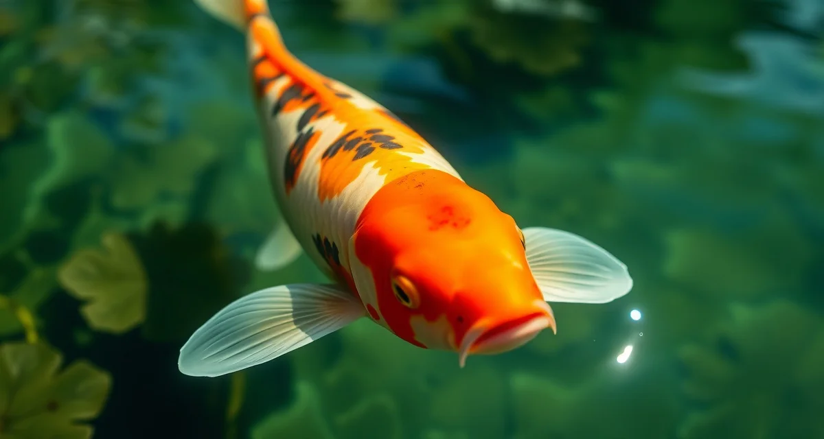 Koi appetite loss as early health warning sign Healthy koi fish swimming in clear pond water, demonstrating normal feeding behavior and appetite indicators