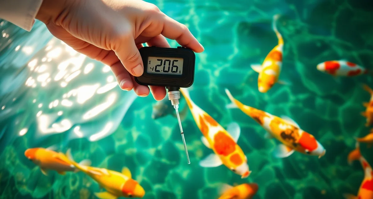 Professional koi pond water analysis for fish health investigation Water quality testing in koi pond with digital meter measuring parameters to investigate fish loss causes