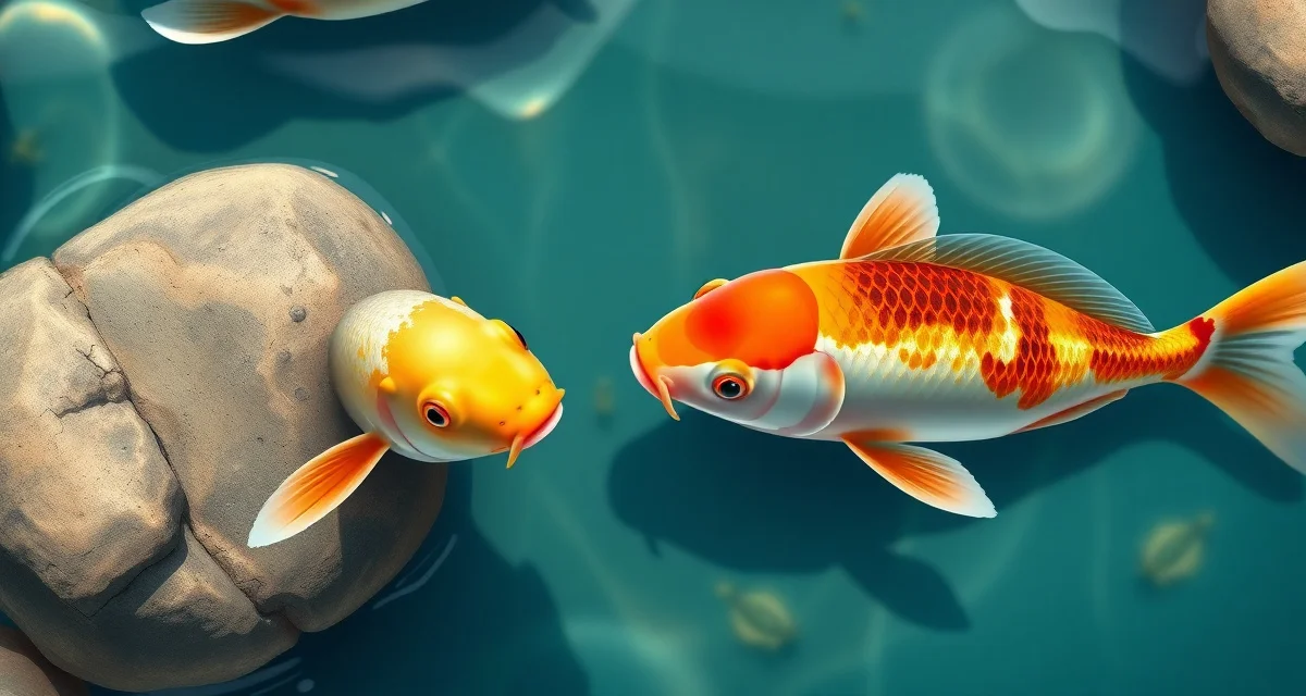 Koi parasite flashing rubbing diagnosis guide Koi fish demonstrating flashing and rubbing behavior against rocks, indicating parasitic infection requiring water quality treatment.