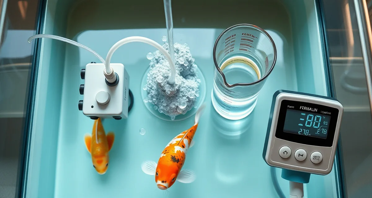 Safe formalin treatment equipment for koi parasites Koi pond formalin treatment setup with aeration pump and dissolved oxygen monitoring equipment for safe parasite treatment protocol.