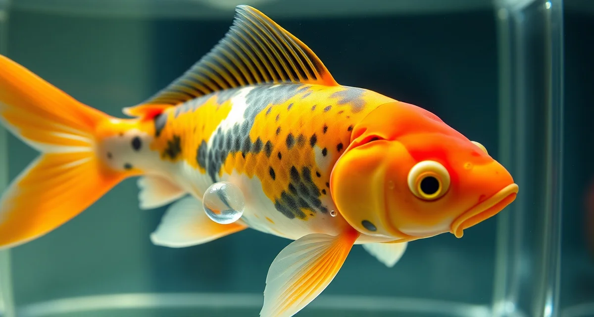 Gas bubble disease in koi fish - water quality diagnostic Koi fish displaying gas bubble disease symptoms with visible bubbles in water, showing buoyancy disorder caused by supersaturated water conditions.