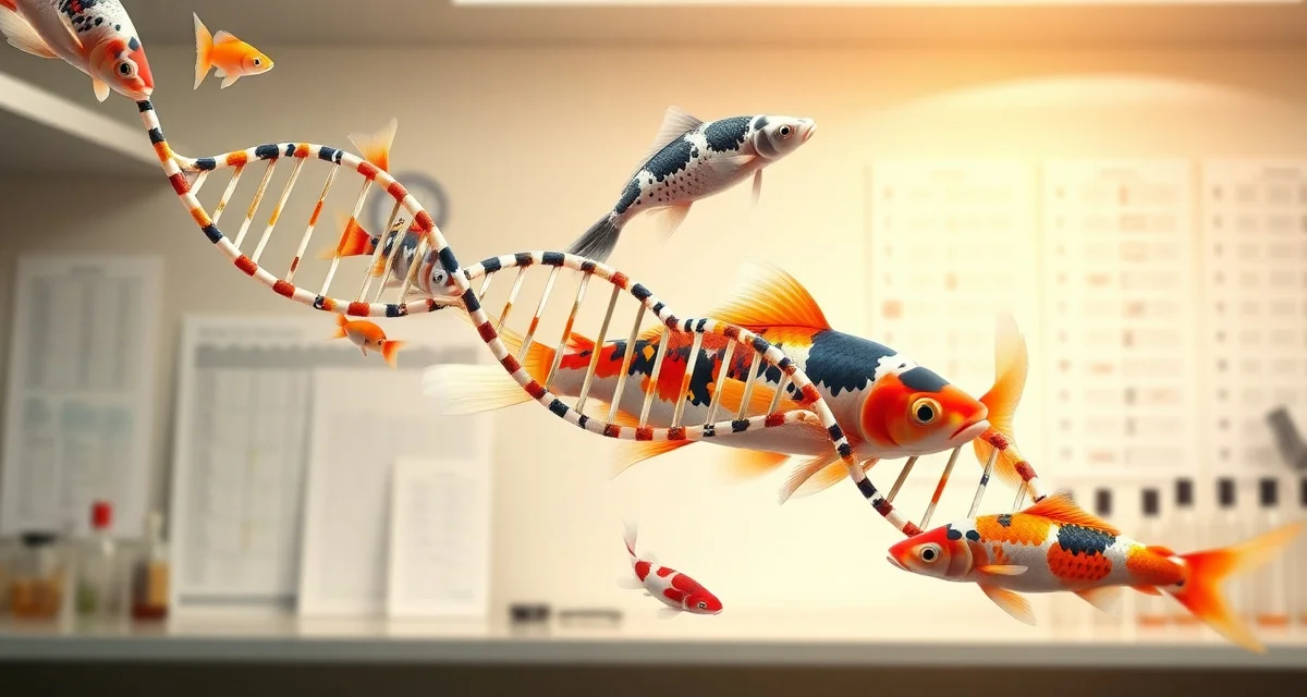 Understanding koi genetics for selective breeding Koi genetics variety selection showing DNA patterns and multiple koi fish breeds for breeding program planning