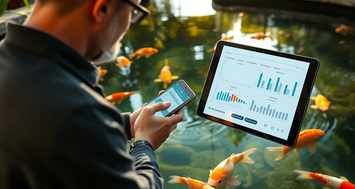 Digital koi health record keeping system Koi hobbyist monitoring digital health records and water quality data on tablet while observing pond fish health