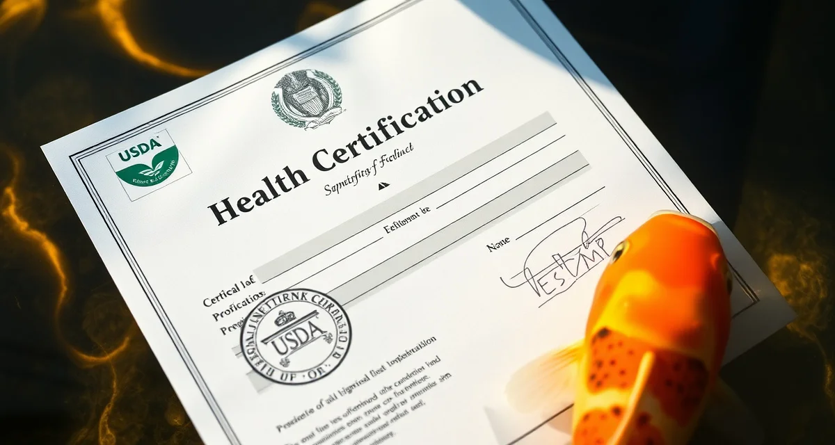USDA APHIS koi health certificate documentation Official koi import health certificate document issued by USDA APHIS for regulated aquatic disease compliance and interstate movement.