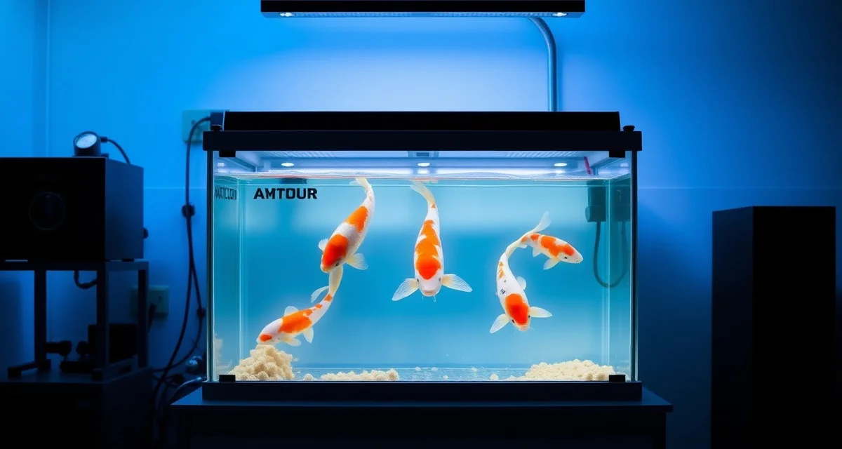 Koi isolation tank equipment and setup Professional koi isolation tank setup with filtration system and healthy fish for disease treatment and water quality management