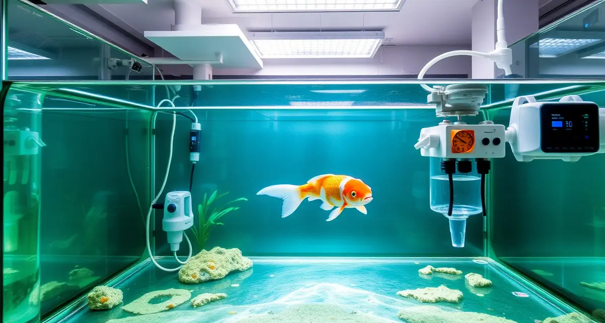 KHV-positive koi quarantine containment system KHV quarantine protocol setup showing isolated koi fish in containment tank with water quality monitoring equipment for disease detection