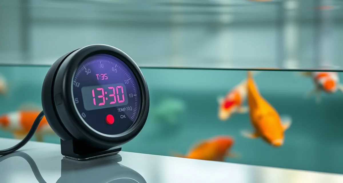 KHV Temperature Control Best Practices Digital thermometer showing optimal KHV temperature range for koi pond management between 13-30 degrees Celsius