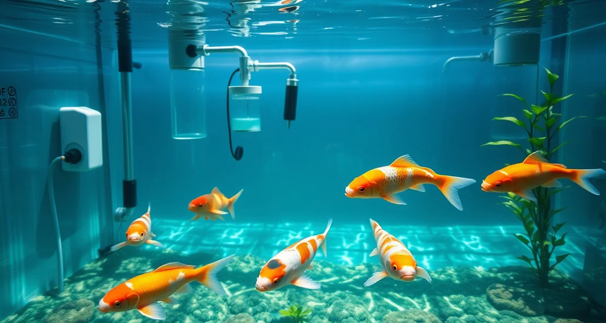 New pond syndrome prevention in koi aquaculture Clear new koi pond with filtration system and healthy koi fish demonstrating proper new pond syndrome prevention setup