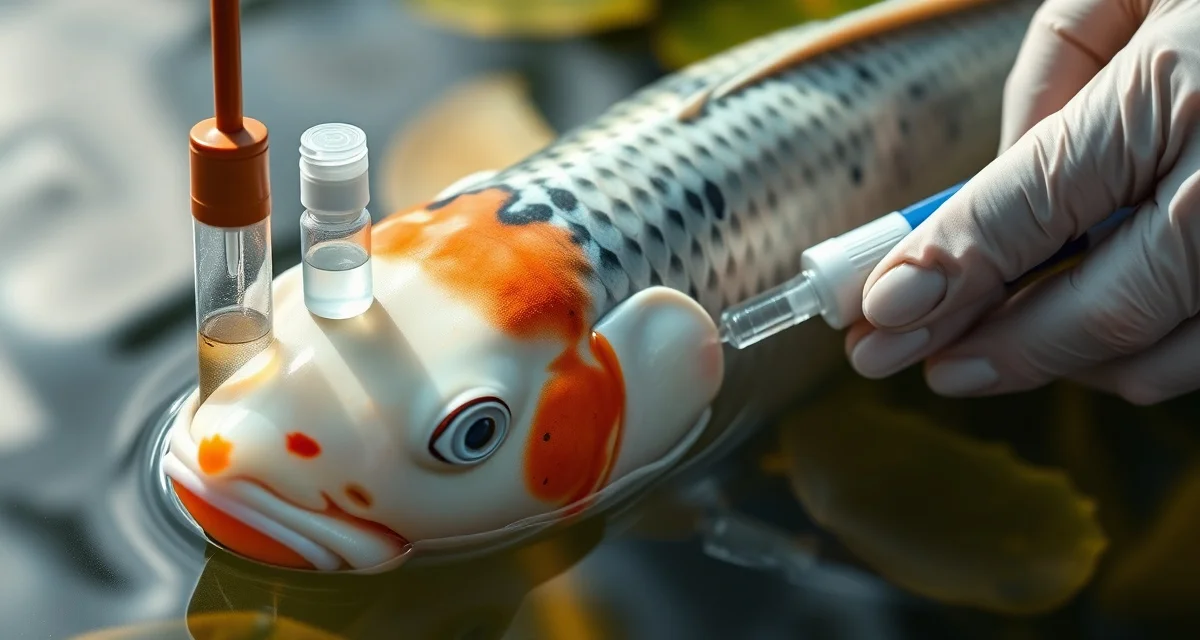 Oxytetracycline dosing for koi bacterial infections Koi fish receiving oxytetracycline treatment in pond water with quality monitoring equipment visible for bacterial infection management