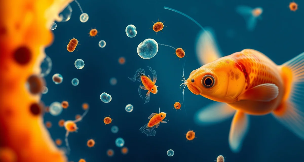 Koi parasite lifecycle stages visualization Microscopic view of koi parasites showing eggs and lifecycle stages requiring proper tracking and retreatment scheduling for effective infection clearance.