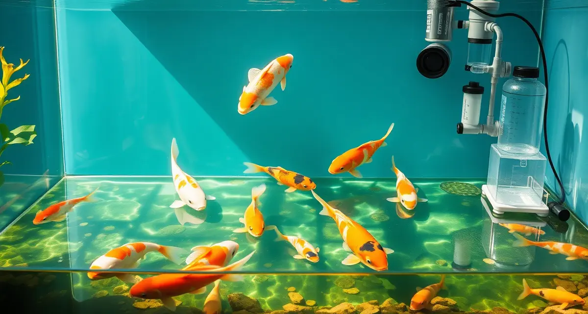 Koi quarantine system for parasite prevention Healthy koi fish in a well-maintained pond with proper quarantine setup and water quality monitoring equipment for parasite prevention